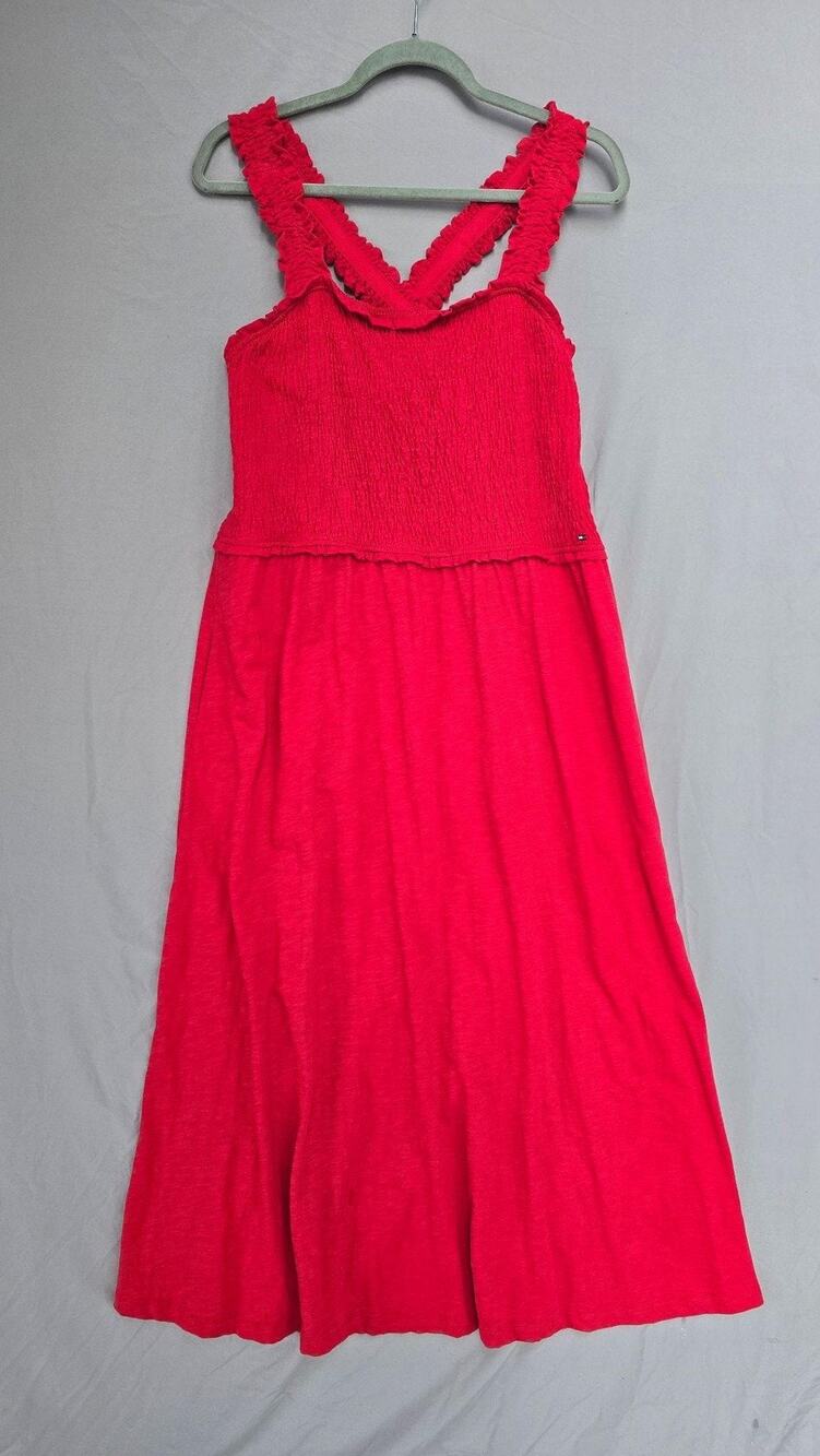 Tommy Hilfiger Dress Womens Large Red Smocked Knit Sundress Fit Flare Casual